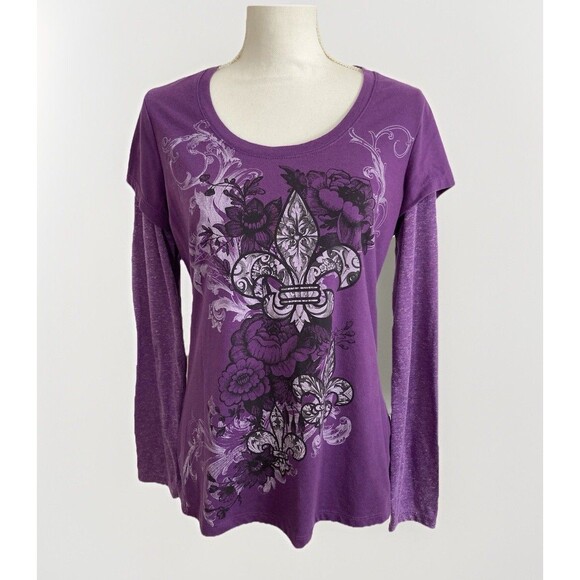 Y2K Appropriate Behavior Top L Purple Floral Long Sleeve Grunge Retro Vintage - Picture 1 of 7